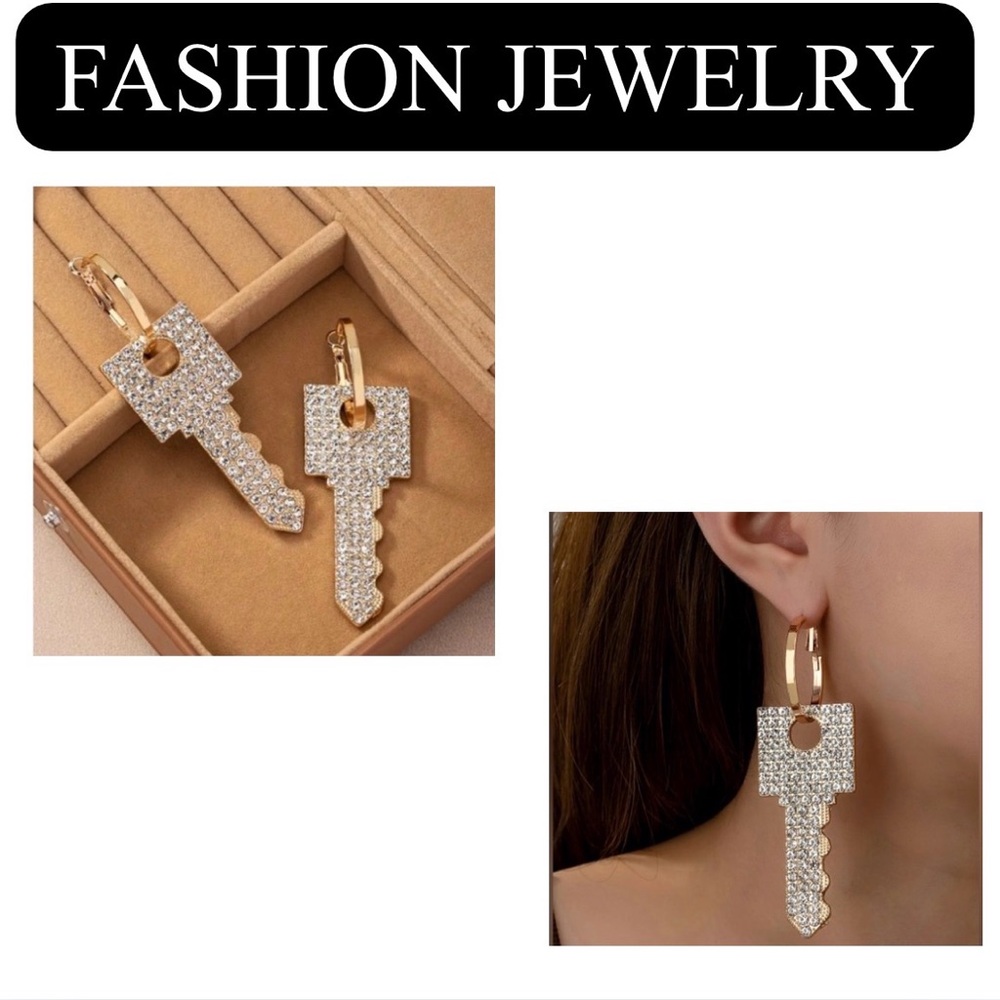 9J: Large Chic Boho-Inspired Rhinestone Embossed Dangle Key Earrings, NWOT